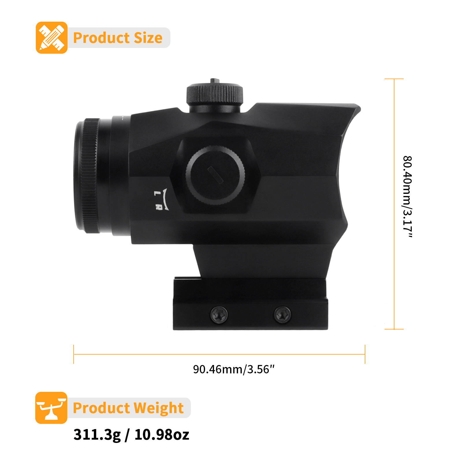 Focuhunter 1X20 prism scope product size and 311.3g lightweight design
