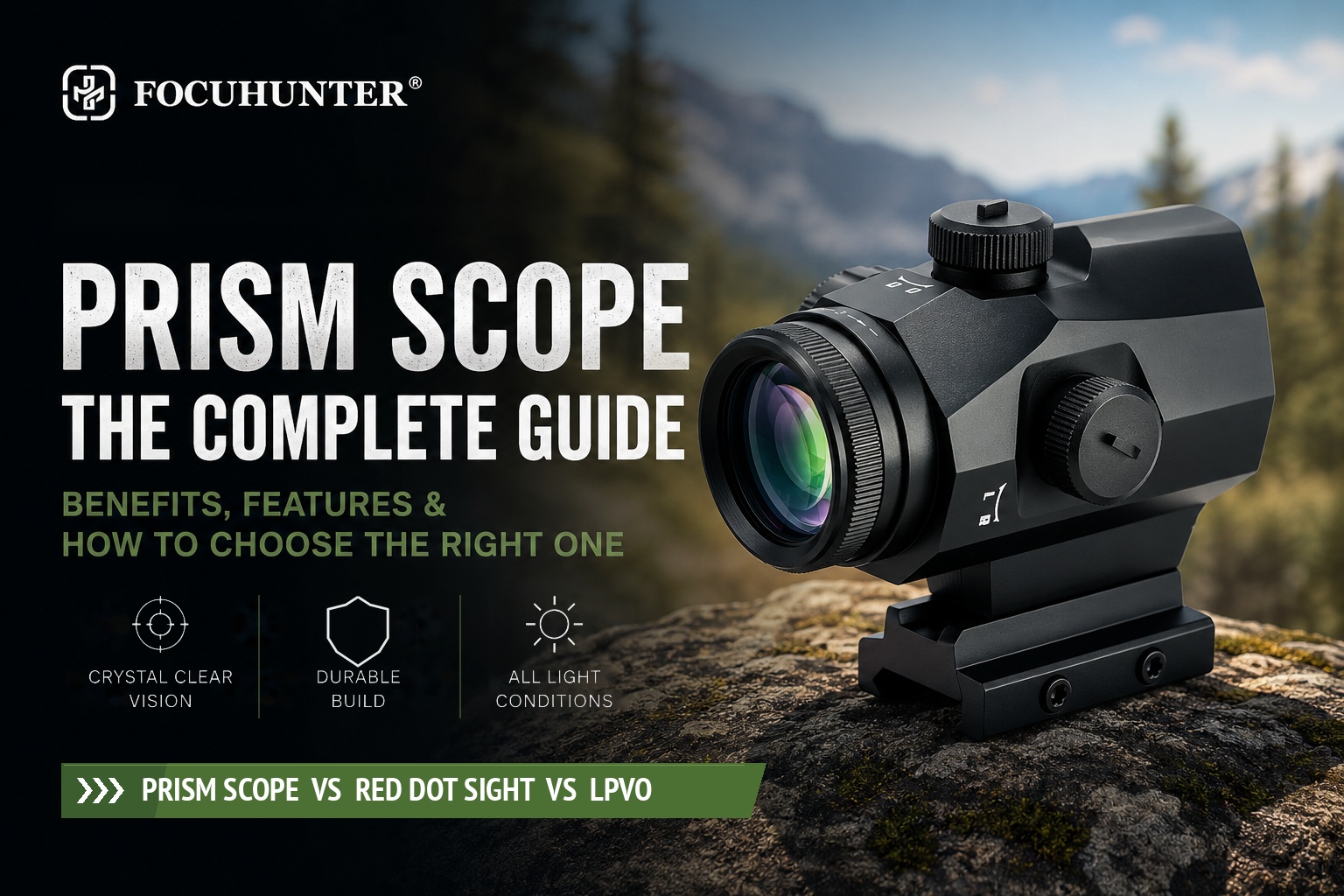 Focuhunter prism scope complete guide showing key features and comparison with red dot sight and LPVO