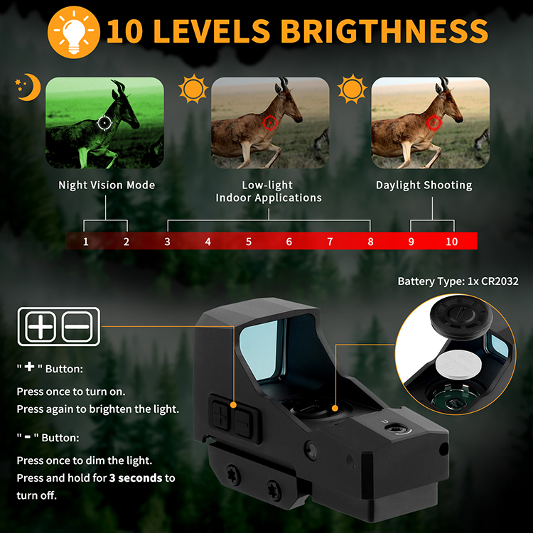 Top push-button controls showing 11 red LED brightness levels, including levels 1-2 for night vision and levels 9-11 for bright daylight.