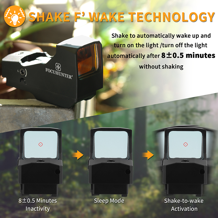 Shake F’Wake motion sensor diagram demonstrating instant awake on movement and low-power standby after 8 minutes.