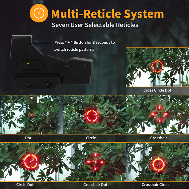 Clear view through the 29x24mm lens showing red dot reticle options including 3 MOA dot and 55 MOA circle with 7 selectable patterns.