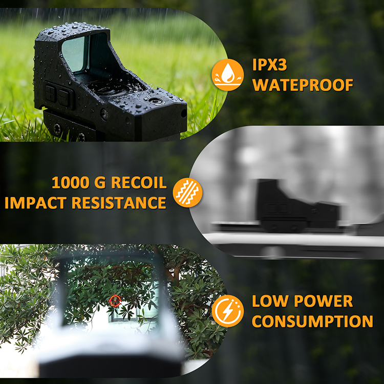 Durability test display highlighting 1000 G recoil resistance and IPX3 water-resistant sealed aluminum housing in rain.