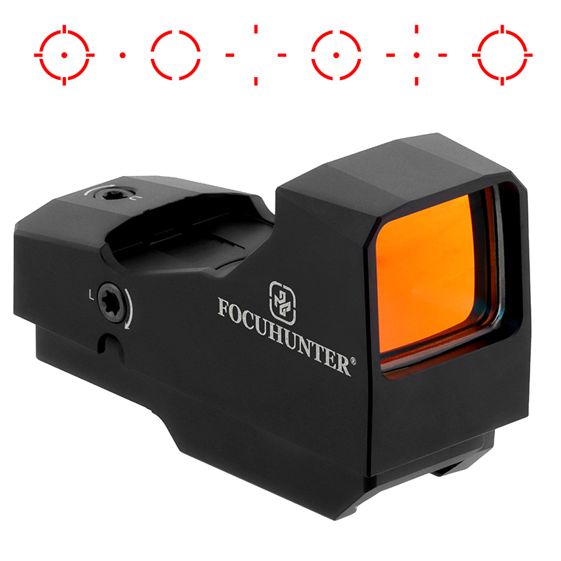 7 Switchable Reticle Patterns with 3 MOA Dot and 55 MOA Circle Clear view through the 29x24mm lens showing red dot reticle options including 3 MOA dot and 55 MOA circle with 7 selectable patterns.